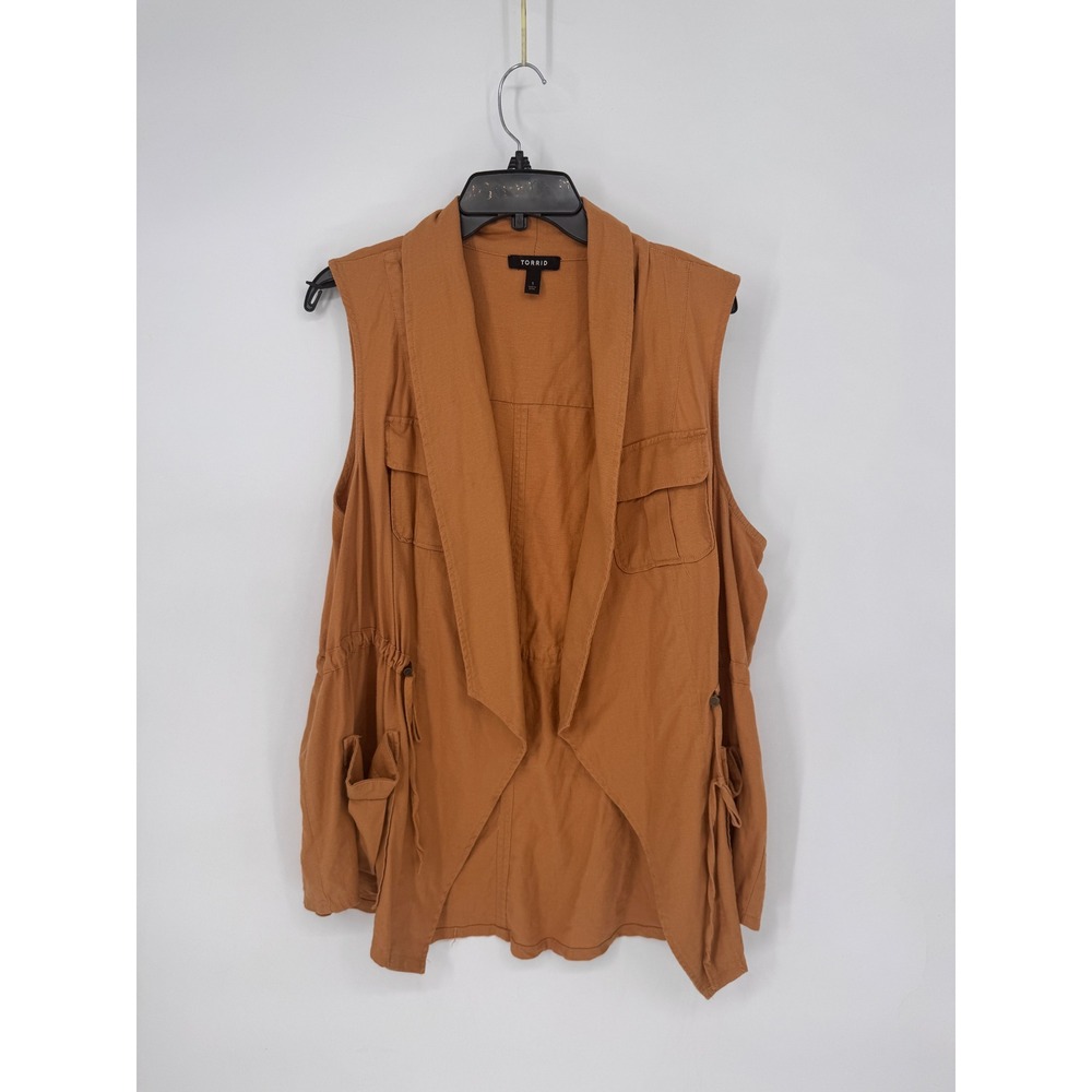 Torrid Utility Vest Womens 1 Brown Excellent Linen Blend Drawstring Cargo Pocket